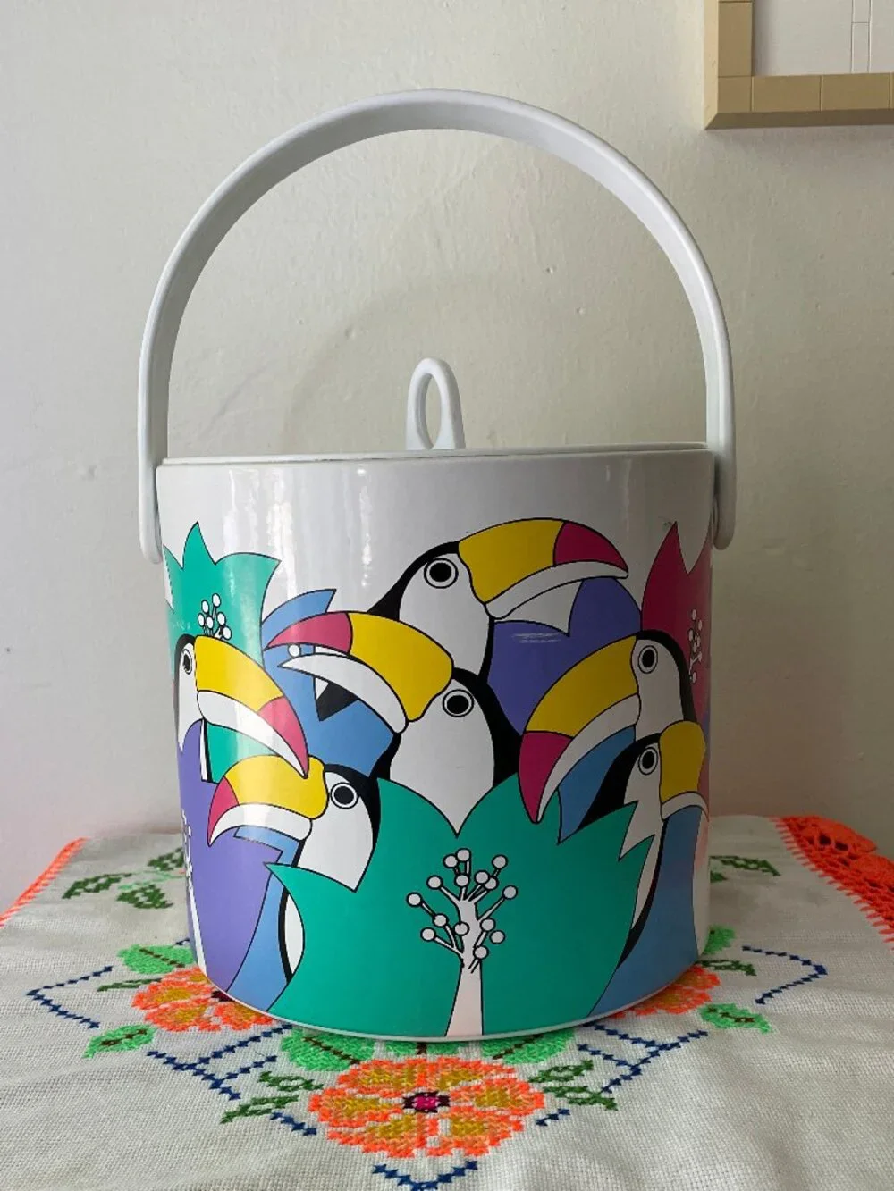 Vintage Toucan Ice Bucket with Coaster & Tongs